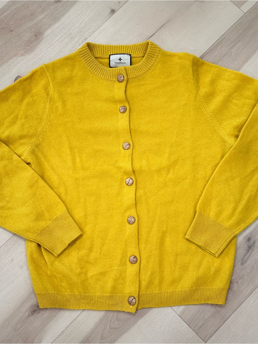 Tuckernuck Mustard Yellow Button-Front Crew Cardigan Cashmere Lightweight Sz M